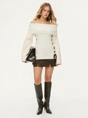 Cable Knit Asymmetrical Neck Bowknot Side Tie Top