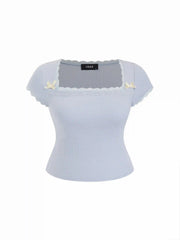 Cotton Square Neck Lace Bowknot Pointelle Top Curve & Plus