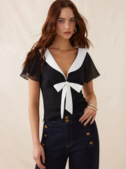 Chiffon Colorblock Collar Ruffle Sleeve Ruched Bowknot Blouse