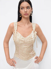 Jacquard Floral V-neck Knotted Top