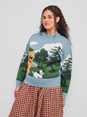 Jacquard Knit Round Neckline Oil Painting Bear Long Sleeve Sweater Curve & Plus