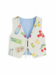Fruit Graphic Color-Blocking V-Neck Oversized Reversible Jacket Vest