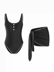 Sweetheart Contrasting Binding Button One-piece With Sarong