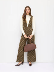 Wool-look Plaid Deep V-neck Wide Leg Jumpsuit
