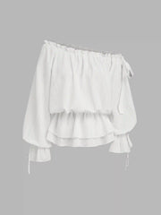 Asymmetrical Neck Lantern Sleeve Knotted Blouse