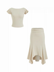 Ruffled Sleeve Backless Crop Top & Low Rise Asymmetrical Hem Skirt Set