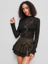 Lace High Neck Lettuce Trim Long Sleeve Top