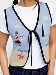 Knit Cotton-blend Beach Scenery Graphic Embroidery Tie Front Vest