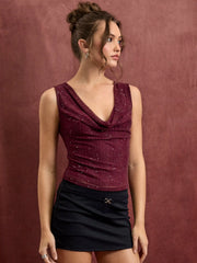 Cowl Neck Ruched Tank Top With Rhinestone
