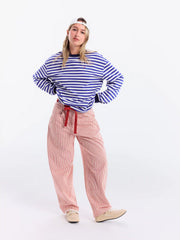 Cotton Striped Fish Embroidery Contrasting Binding Long Sleeve Tee