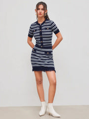 Knit Mid Rise Striped Tassel Mini Skirt