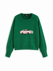 Knit Car Pattern Round Neck Side Split Sweater