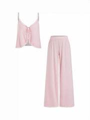 V-neck Lace Trim Tie Front Bow Top & Mid Rise Wide Leg Trousers Loungewear Set