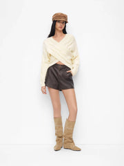 Cable Knit V-neck Long Sleeve Criss Cross Oversized Top