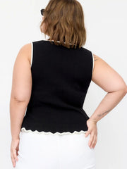 Knit Boat Neck Contrast Trim Ruffled Hem Metal Button Vest Curve & Plus