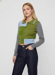 Knit Colorblock Patchy Collar Long Sleeve Button Cardigan