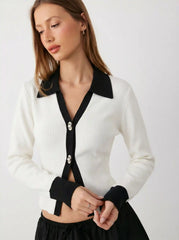 Knit Collar Two Tone Cardigan With Metal Buttons
