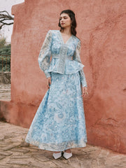Floral V-neck Lantern Sleeve Lace Panel Peplum Hem Blouse