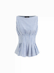 Cotton-blend Boat Neck Stripe Pleated Tank Top