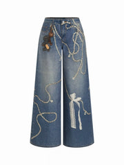 Cider Denim Low Rise Diamond & Lace Graphic Wide Leg Jeans With Hanging