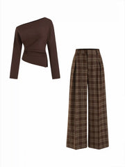 Asymmetrical Neck Ruched Top & Plaid High Rise Straight Leg Trousers Set