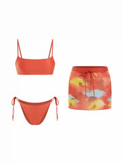 3 Piece Solid Knotted Bracelet Tie Side Bikini Set With Print Tie Dye Beach Skirt