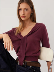 Knit V-neck Long Sleeve Top With Scarf