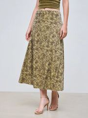 Velvet Mid Rise Floral Maxi Skirt