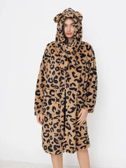 Fleece Hooded Leopard Print Oversized Robe