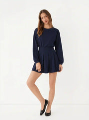 Round Neckline Pleated Long Sleeve Mini Dress