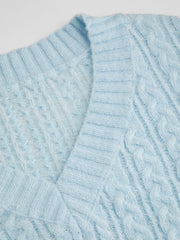 Cable Knit Mohair-blend V-neck Long Sleeve Oversized Top