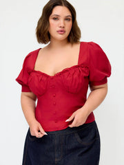 Linen-blend Sweetheart Neckline Lettuce Trim Shirred Puff Sleeve Blouse Curve & Plus