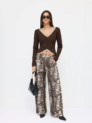 Cotton-blend Mid Rise Zebra Striped Print Barrel-leg Trouser