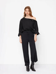 Cotton-blend Asymmetrical Neck Button Stitch Long Sleeve Oversized Blouse
