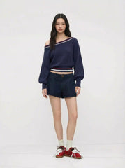 Knit Asymmetrical Neck Crop Top With Striped Trim