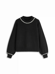 Top de punto de cuello redondo y manga farol con cristales de rutilio
