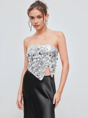 Sequin Asymmetrical Split Tube Crop Top