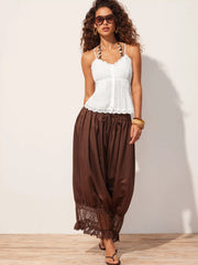 V-neck Lace Trim Button Front Textured Cami Blouse