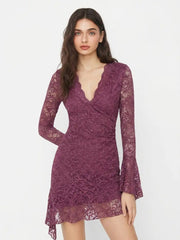 Lace V-neck Bell Sleeve High Low Mini Dress