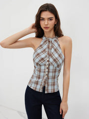 Stand Collar Plaid Ruched Split Top
