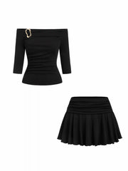 Cotton- blend Off-shoulder Metal Detail Top & Low Rise Ruched Mini Skirt Set