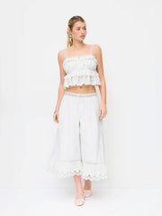 Cotton Low Rise Floral Embroidery Lace Panel Drawstring Wide Leg Cropped Oversized Trousers