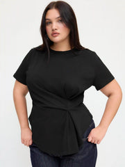 Cotton-blend Round Neckline Ruched Asymmetrical Hem Tee Curve & Plus