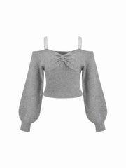 Knit Off-shoulder Lace Lantern Sleeve Bowknot Crop Sweater