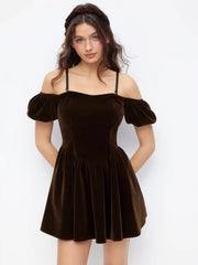 Velvet Off-shoulder Puff Sleeve Lace Up Mini Dress