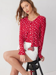 Two-piece Jacquard Floral Round Neck Cardigan & Floral Cami Top
