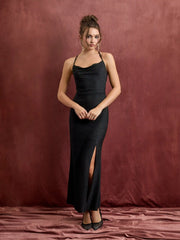 Cowl Neck Ruched Tie Back Split Mermaid Maxi Dress
