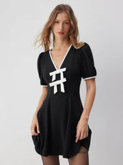 V-neck Lantern Sleeve Bowknot Flared Mini Dress