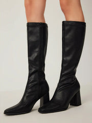 Classic Chunky Heeled Faux Leather Knee High Boots