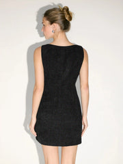 Tweed Round Neckline Bowknot Zipper Mini Dress